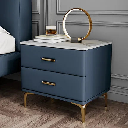 Modern Style Solid Wood Bedside Table with 2 Drawers Leather Bedroom Nightstands with Sintered Stone Top Mini Storage Cabinet