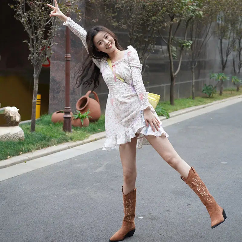 Shoes for Woman Western Cowgirl Cowboy Fur Footwear Long Denim Women's Boots Punk Winter Knee High Shaft White Hot Gothic Boot