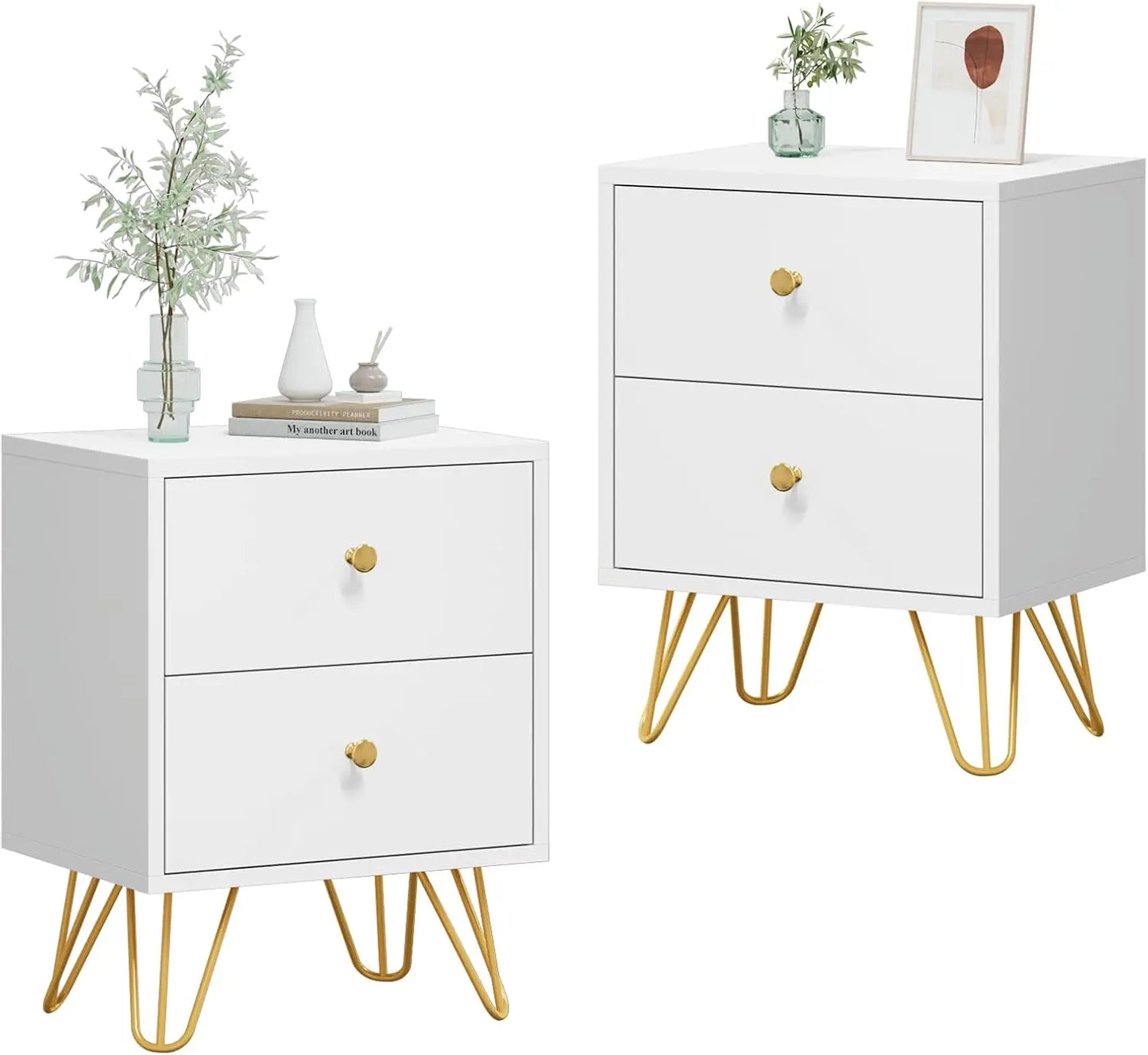 Nightstand Set of 2, End Side Table Double, Bedside Table with 2 Drawers,  Stand Metal Legs and Knobs for Bedroom Living.