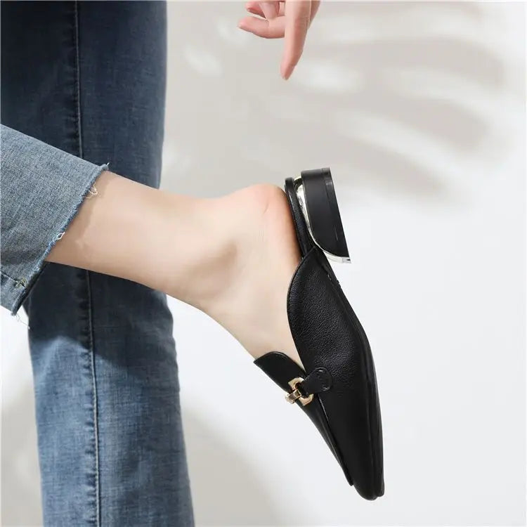 Black Job Low Heel Outside Leather Mules Nude Color Women's Slippers and Ladies Sandals Slides Shoes Small Size on Offer Trend F