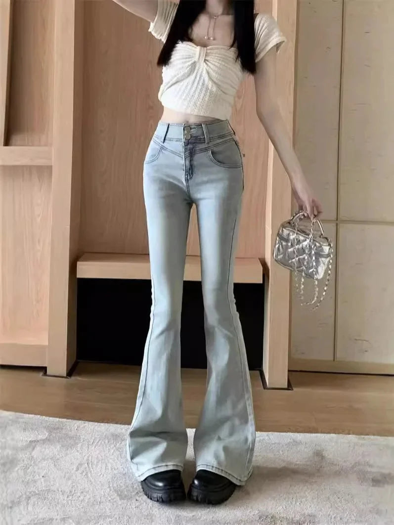 Spring Autumn Spicy Girl Bow Micro Flared Jeans Women's Petite High Waisted Slimming Elastic Horse Leggings Straight Leg Trouser