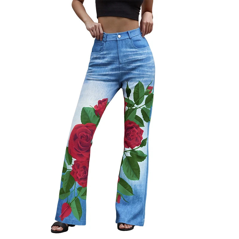 Puloru Stylish Floral Print Blue Flared Pants with Pockets Women's Mid-Rise Casual Slim Fit Bell-Bottoms Long Trousers Plus Size