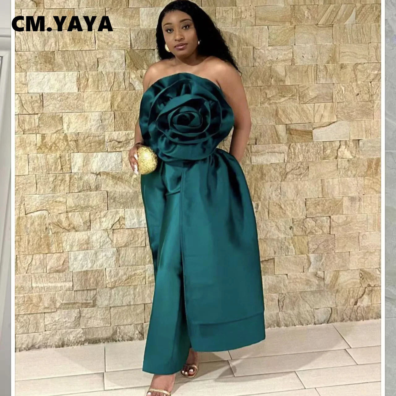 CM.YAYA Women Fashion 3D Flower Applique Strapless Side Crop Top 2025 Summer Vintage Streetwear INS Asymmetrical Tee Tops