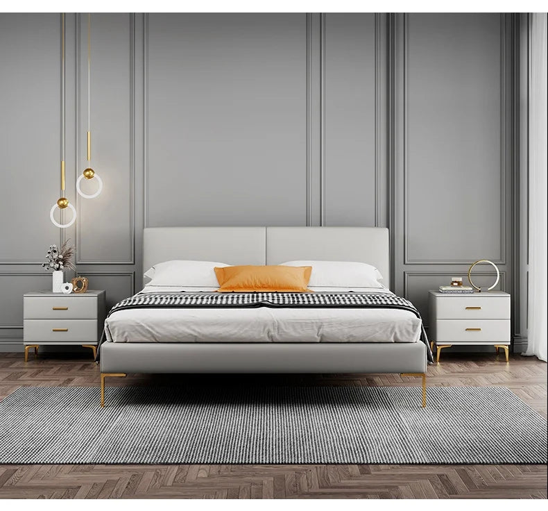Modern Style Solid Wood Bedside Table with 2 Drawers Leather Bedroom Nightstands with Sintered Stone Top Mini Storage Cabinet
