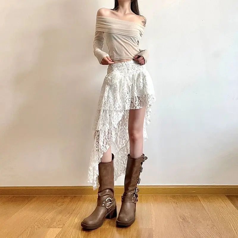 Asymmetrical Lace Skirt Women Sexy Bohemian Elegant High Waist A Line Skirt 2000S Retro Streetwear Y2K Casual White Skirts New