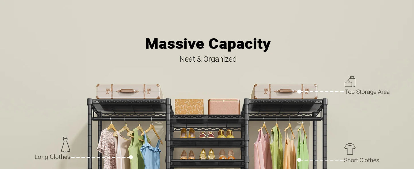 Heavy Duty Garment Rack Freestanding Clothes Rack Closet Storage Organizer Large Wardrobe with 6-Tier Shoe Rack, Hanging Rod, Ad