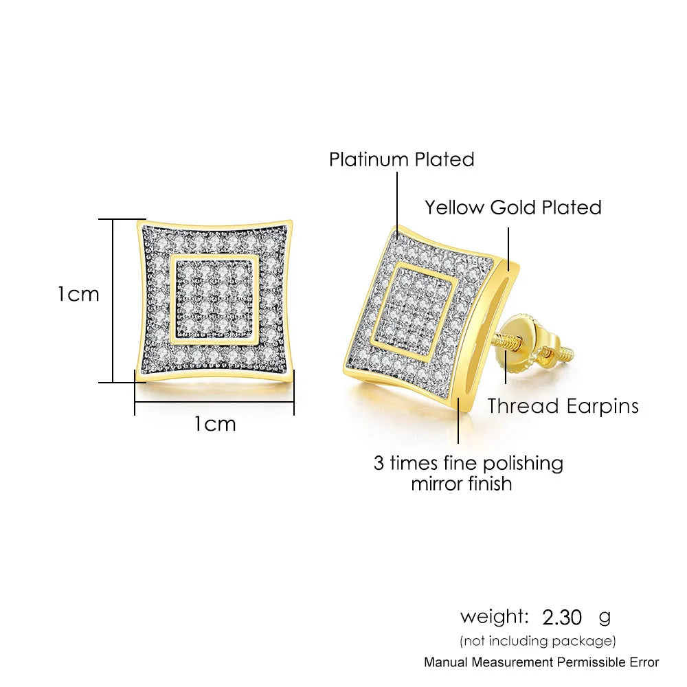 Hip Hop Ice Studded Earrings For Men Male Trend Cubic Zirconia Piercing Hiphop Gold Color Square Earring Jewelry Accessories