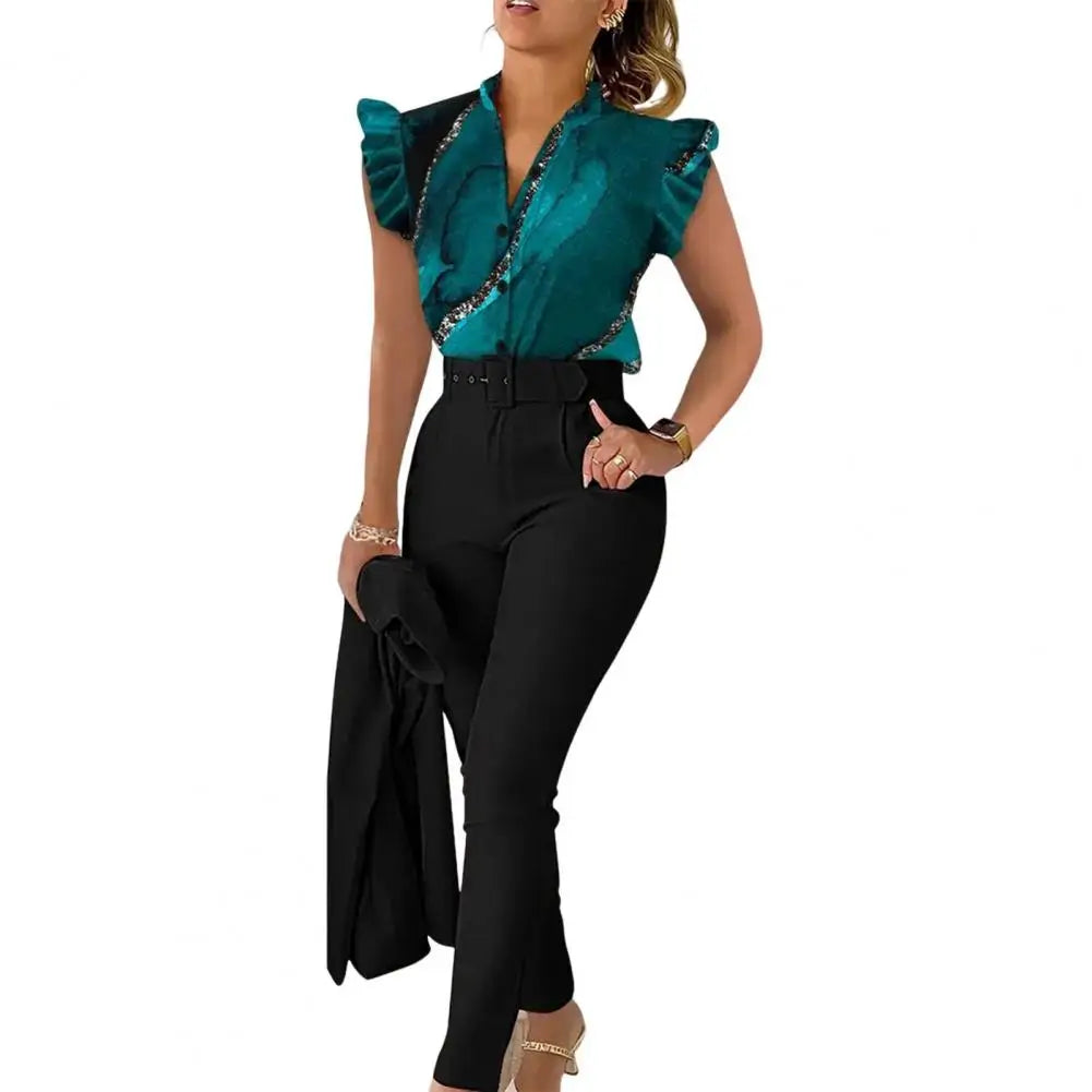 Women Shirt Trousers Set Elegant Women's Office Wear Set with V Neck Top High Waist Pants Belt Chic Color Matching Slim for Work