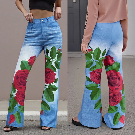 Puloru Stylish Floral Print Blue Flared Pants with Pockets Women's Mid-Rise Casual Slim Fit Bell-Bottoms Long Trousers Plus Size