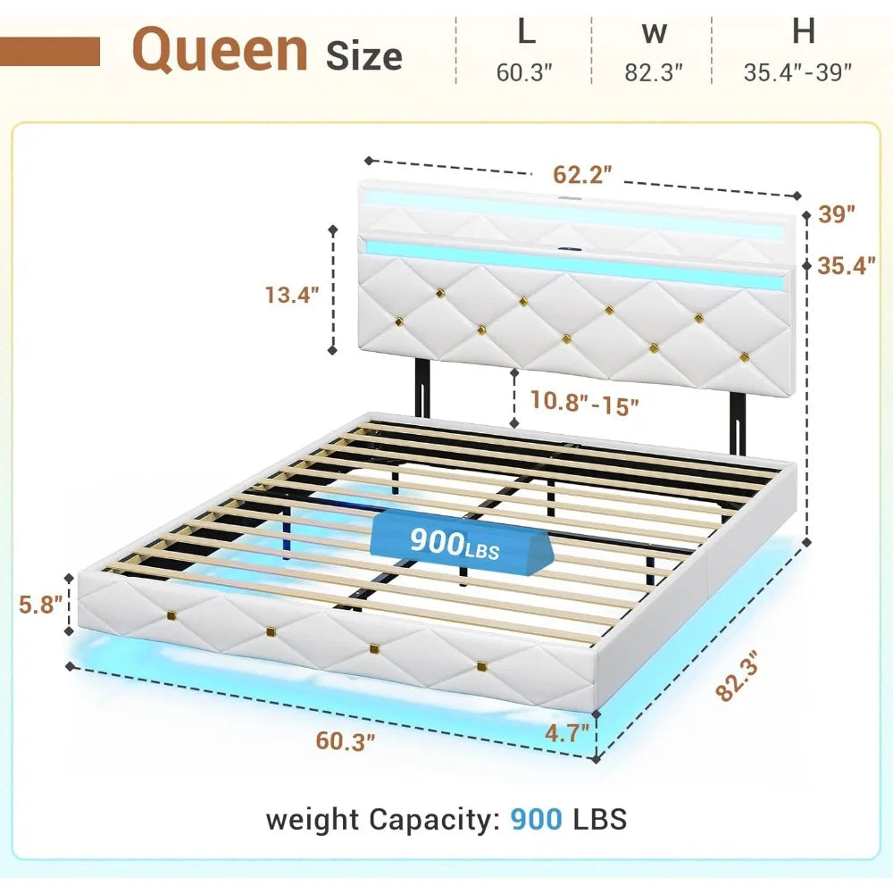 Floating Bed Frame King Size with LED Lights and Charging Station, Modern King Platform Bed with Vegan Leather Upholstered