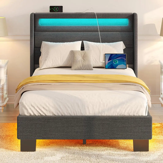 Bed Frame with LED Lights and Charging Station, Upholstered Bed with Motion Activated Night Light and Wood Slats, Dark Grey