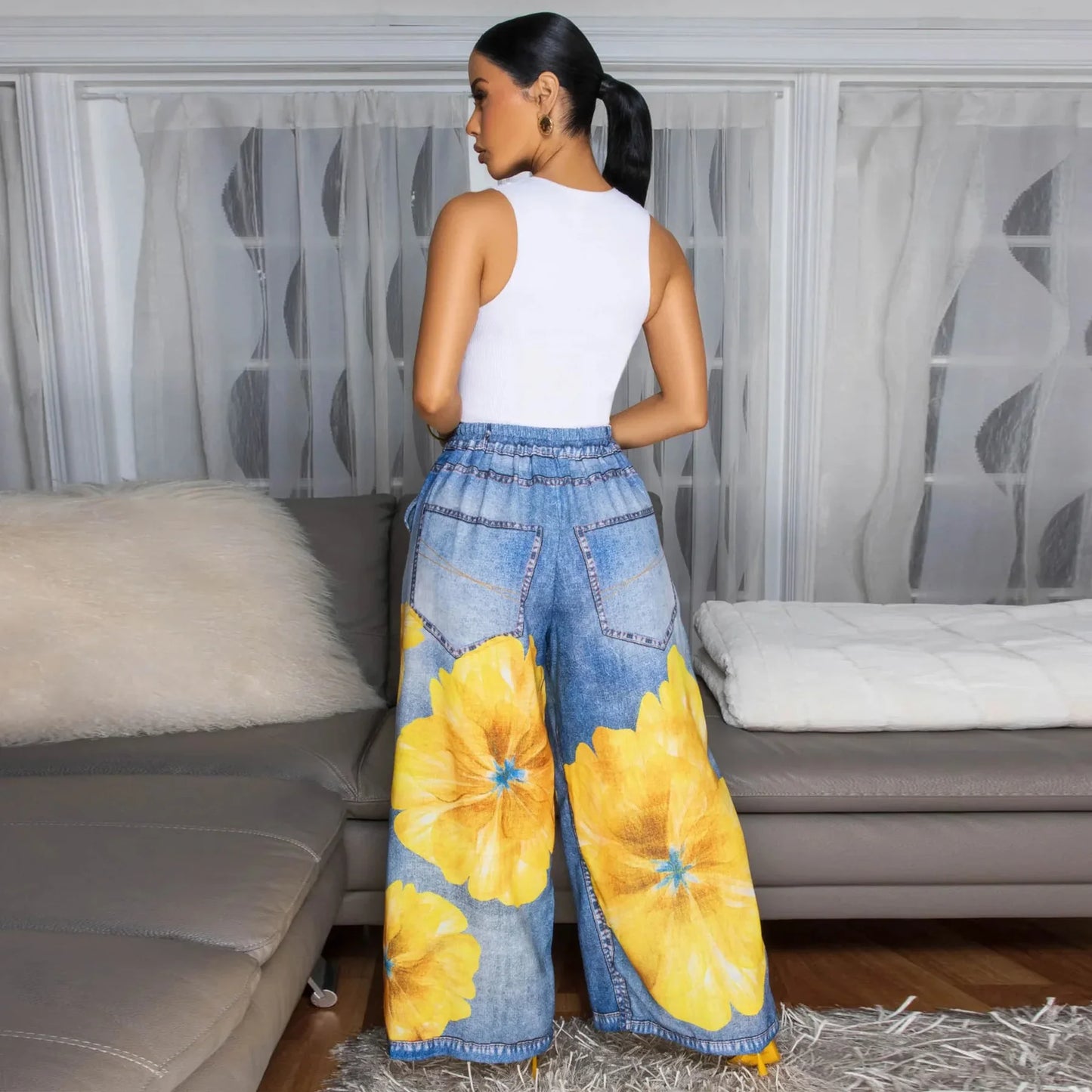 Casual Printed Wide Leg Pants Women's Loose Fit Trousers Comfortable Fashionable Female Clothing Long Pants from Mainland China