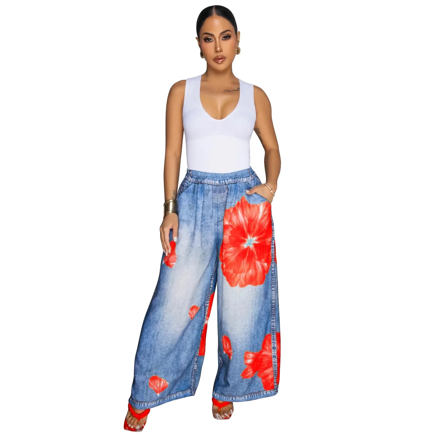 Casual Printed Wide Leg Pants Women's Loose Fit Trousers Comfortable Fashionable Female Clothing Long Pants from Mainland China