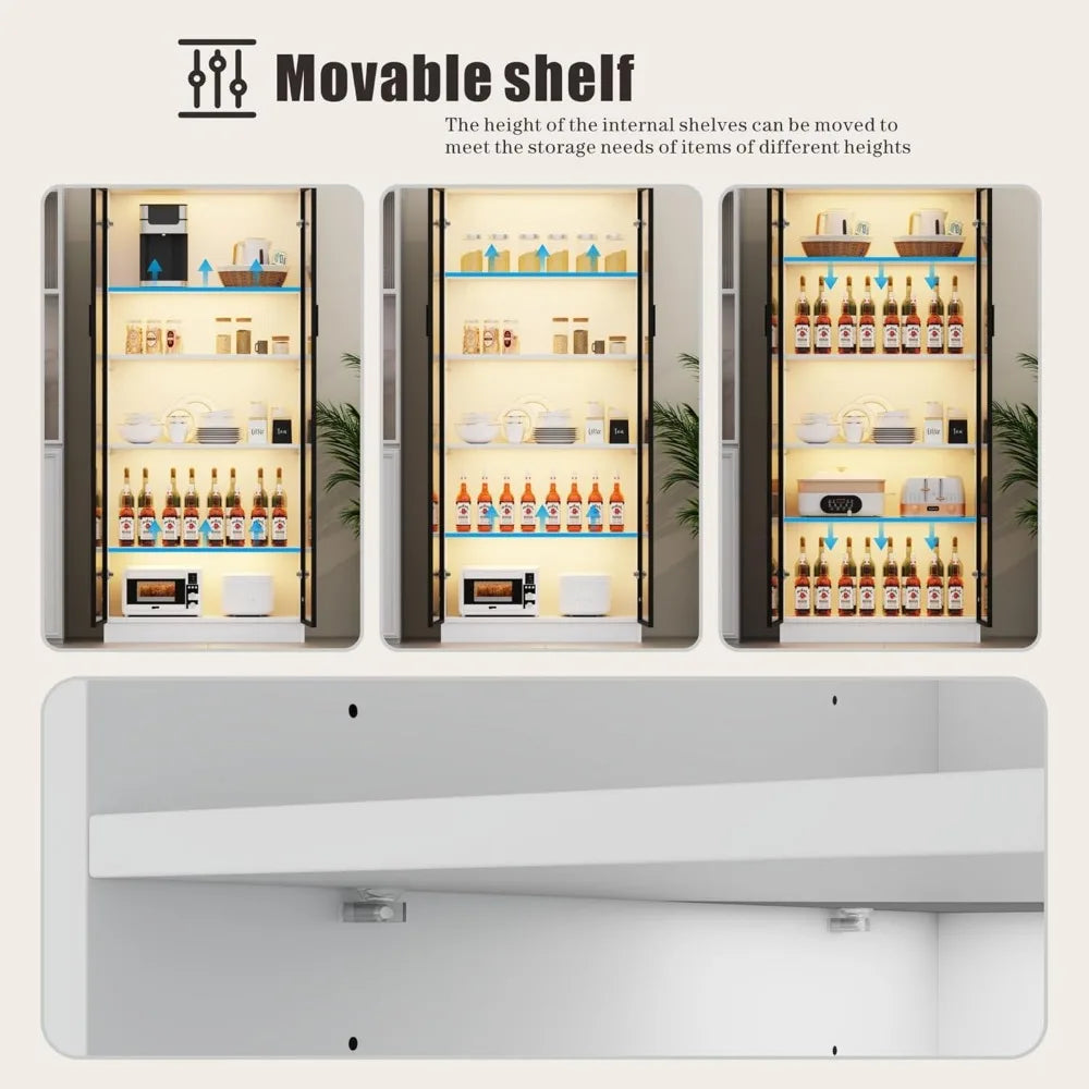 Storage Cabinet with Doors Adjustable Shelves - 65" White Tall Kitchen Pantry Organizer with Metal Handle/LED Lights/Human Senso