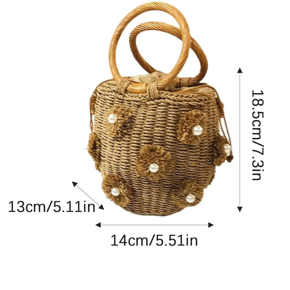 Flower Rattan Bag Woven Tote Bag With Flower Pearl Straw Beach Bag In Bucket Shape For Parties Shopping Travel Camping Hiking