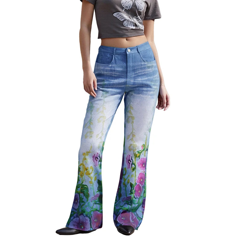 Puloru Stylish Floral Print Blue Flared Pants with Pockets Women's Mid-Rise Casual Slim Fit Bell-Bottoms Long Trousers Plus Size