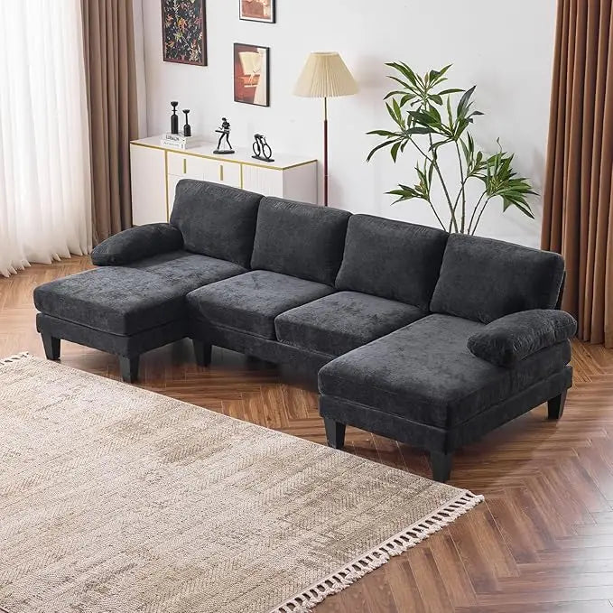 110"U-Shape Sectional Sofa,4-Seat Convertible Couch with Two Chaises,Chenille Upholstered for Living Room, Sofas Living Room