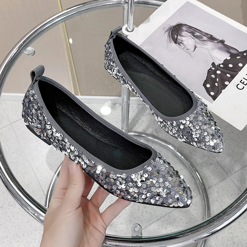 New pointed head shallow mouth one pedal sequined women's single shoes casual Korean version ladyshoes commuter style