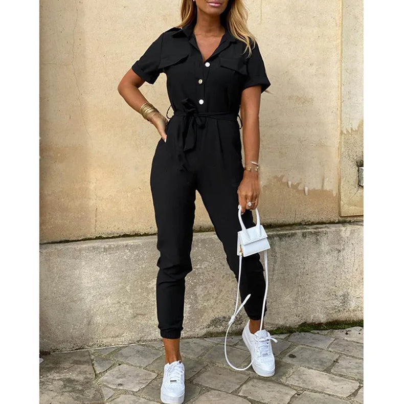 Women's Monochromatic Belt Workwear Jumpsuit, Casual Pants, Flip Collar, Buckle, European and American, Summer, 2024