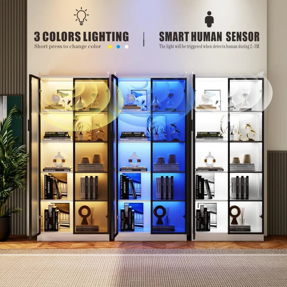 Storage Cabinet with Doors Adjustable Shelves - 65" White Tall Kitchen Pantry Organizer with Metal Handle/LED Lights/Human Senso
