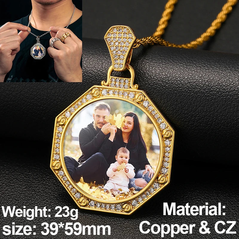 New Custom Photo Memory Medallions Pendant Necklace Round Heart Rectangle Triangle Hip Hop Jewelry Personalized Cubic Zircon