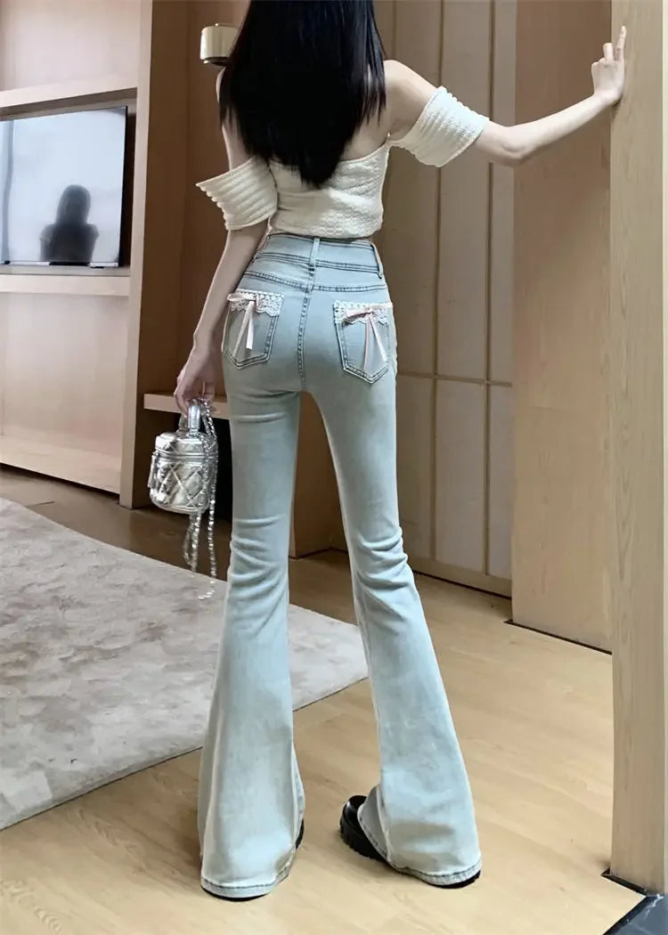 Spring Autumn Spicy Girl Bow Micro Flared Jeans Women's Petite High Waisted Slimming Elastic Horse Leggings Straight Leg Trouser