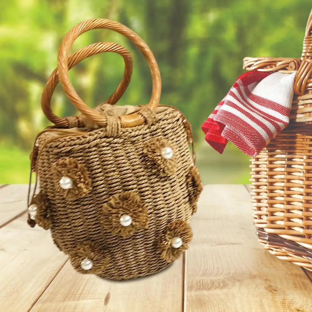 Flower Rattan Bag Woven Tote Bag With Flower Pearl Straw Beach Bag In Bucket Shape For Parties Shopping Travel Camping Hiking