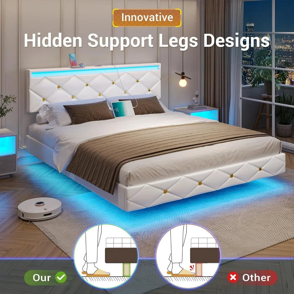 Floating Bed Frame King Size with LED Lights and Charging Station, Modern King Platform Bed with Vegan Leather Upholstered