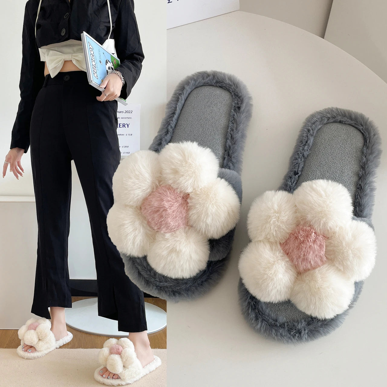 Cute cartoon flower one-word cotton slippers women's 2025 winter new thick-bottomed non-slip outer wear plush slippers
