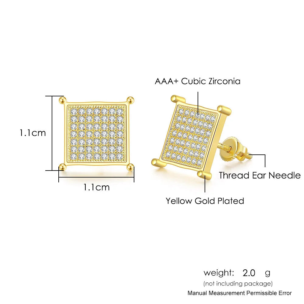 Hip Hop Ice Studded Earrings For Men Male Trend Cubic Zirconia Piercing Hiphop Gold Color Square Earring Jewelry Accessories