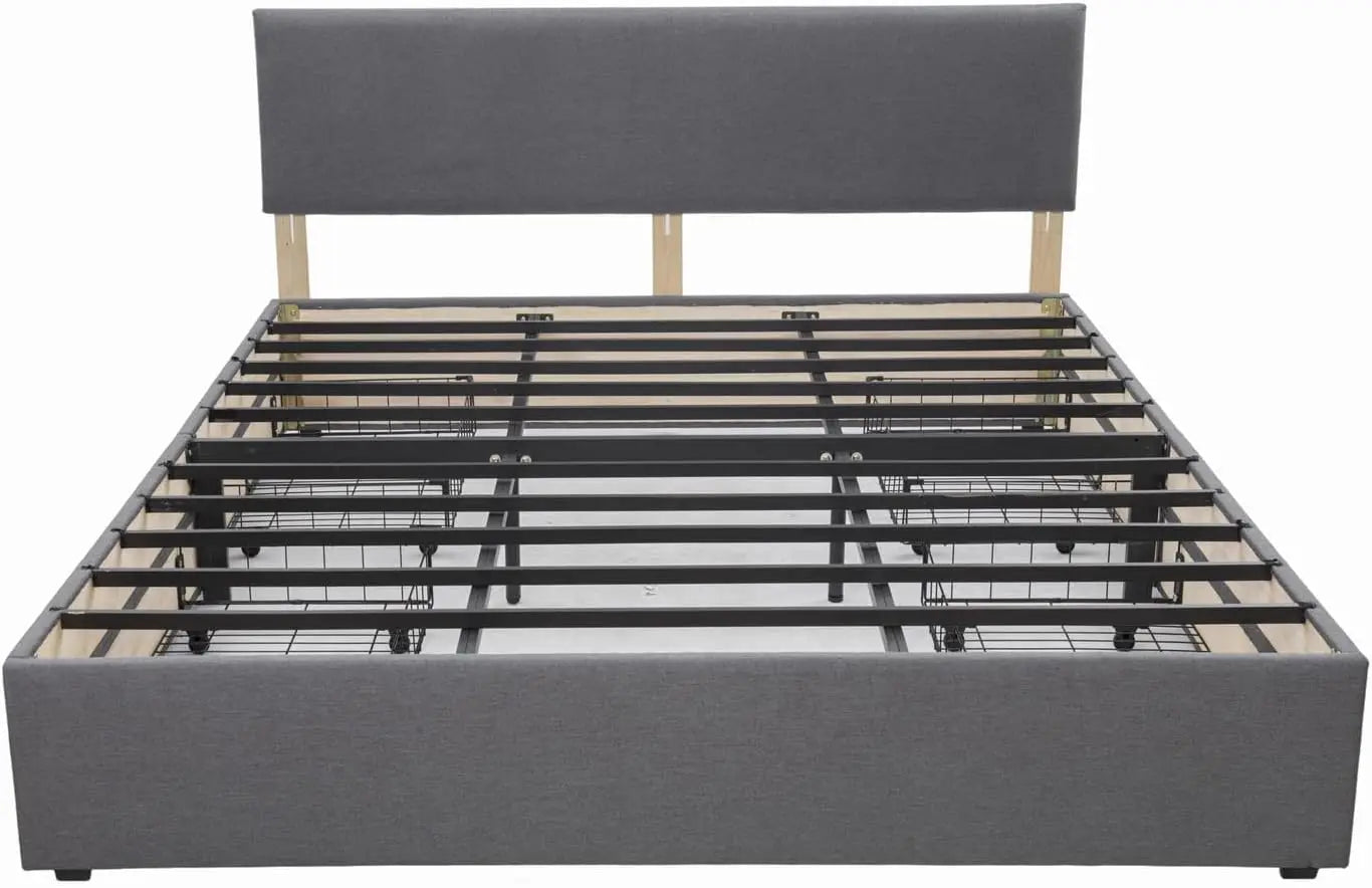 Platform Bed Frame with 4 Storage Drawers and Fabric Grey Headboard, Mattress Foundation with Metal Slats, Strong Support, No Bo