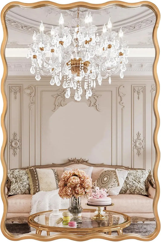 24 * 36 Inch Gold Ripple Rectangle Bathroom Mirror Wall Mounted Large Modern Countryside Suitable For Washroom, Bedroom, Living