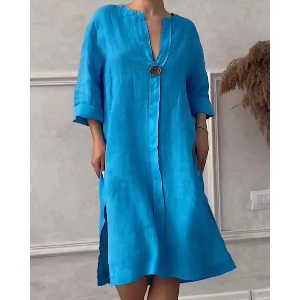 Loose V-neck Two Side Slit Pullover Dress 2024 Women's New Cotton And Linen Solid Color Casual Long-Sleeved Button Maxi Dress