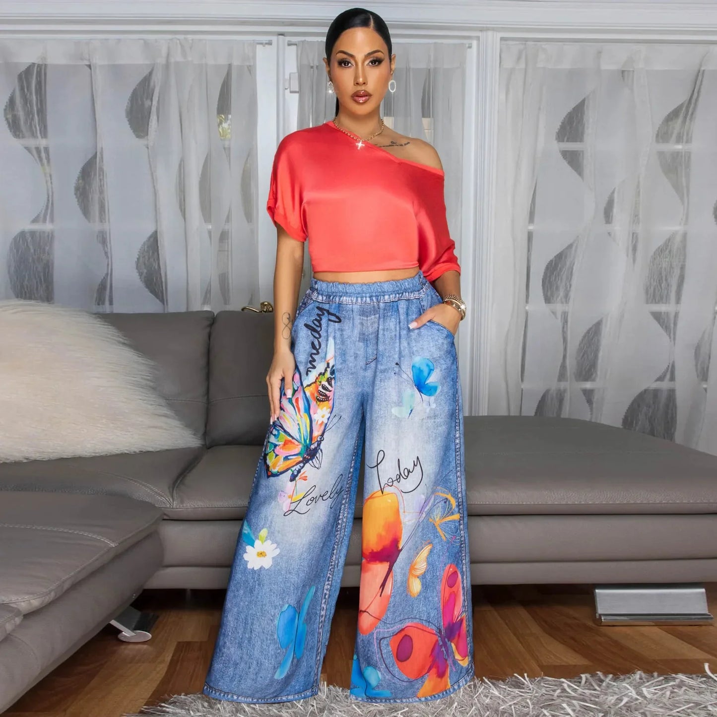 Casual Printed Wide Leg Pants Women's Loose Fit Trousers Comfortable Fashionable Female Clothing Long Pants from Mainland China