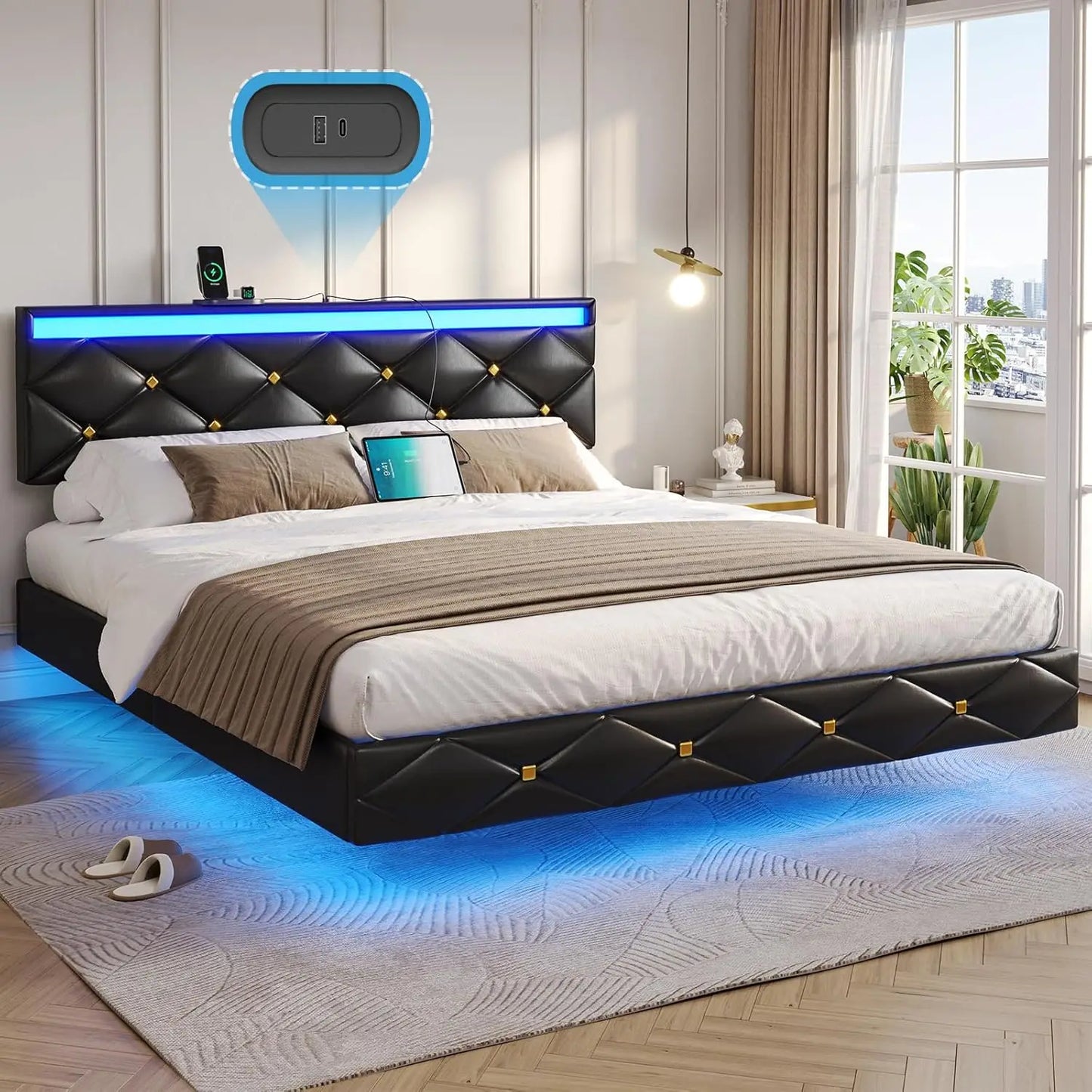 Floating Bed Frame King Size with LED Lights and Charging Station, Modern King Platform Bed with Vegan Leather Upholstered