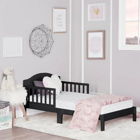 Toddler Bed in Black, Greenguard Gold Certified, Low To Floor Design, Non-Toxic Finish, Rails, Made Of Pinewood