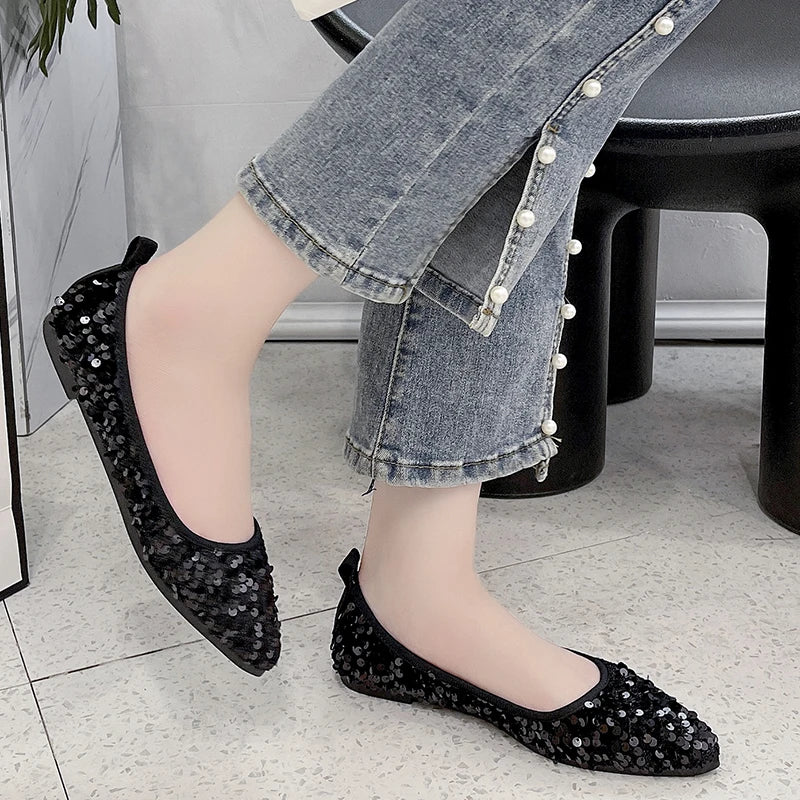 New pointed head shallow mouth one pedal sequined women's single shoes casual Korean version ladyshoes commuter style