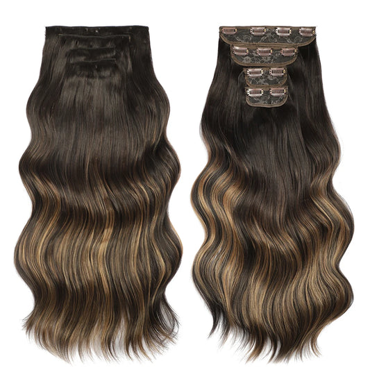 4PCS Clip in Hair Extensions Synthetic 22Inch Long Spiral Wavy Curl Natural Thick Hairpieces for Women Light Brown