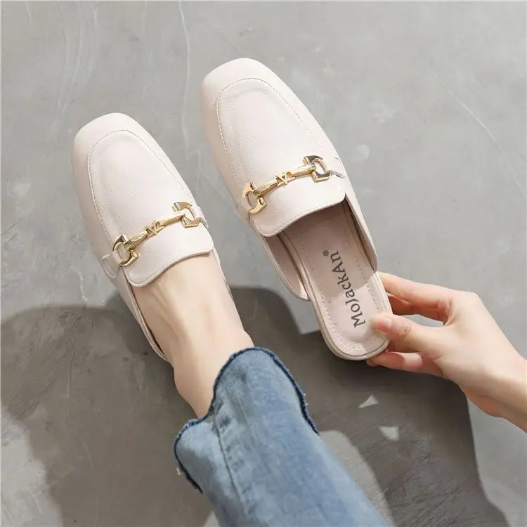 Black Job Low Heel Outside Leather Mules Nude Color Women's Slippers and Ladies Sandals Slides Shoes Small Size on Offer Trend F