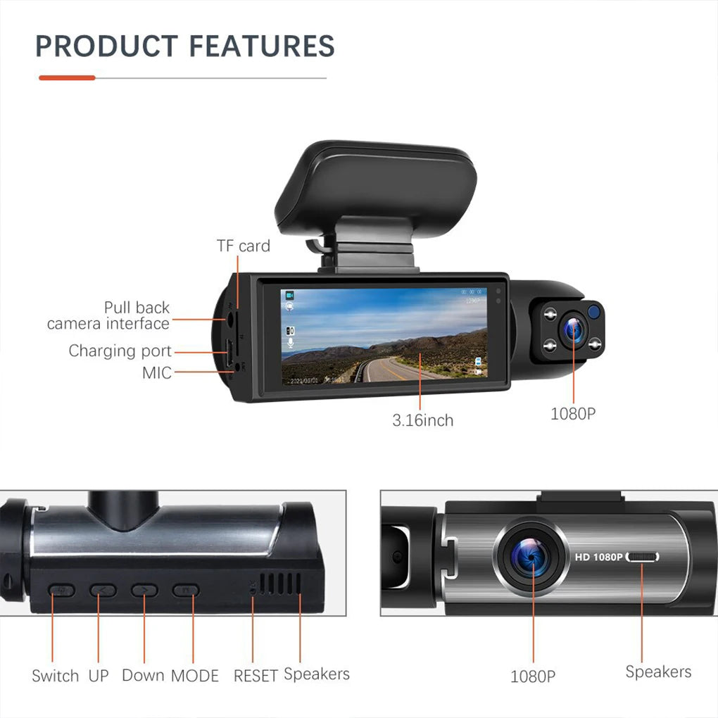 1080P dual camera Dash Cam Front And Inside car camera 24-Hour Surveillance Auto Emergency Recording wide angle Car DVR Camera