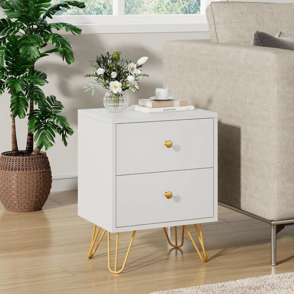 Nightstand Set of 2, End Side Table Double, Bedside Table with 2 Drawers,  Stand Metal Legs and Knobs for Bedroom Living.