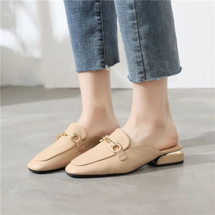 Black Job Low Heel Outside Leather Mules Nude Color Women's Slippers and Ladies Sandals Slides Shoes Small Size on Offer Trend F