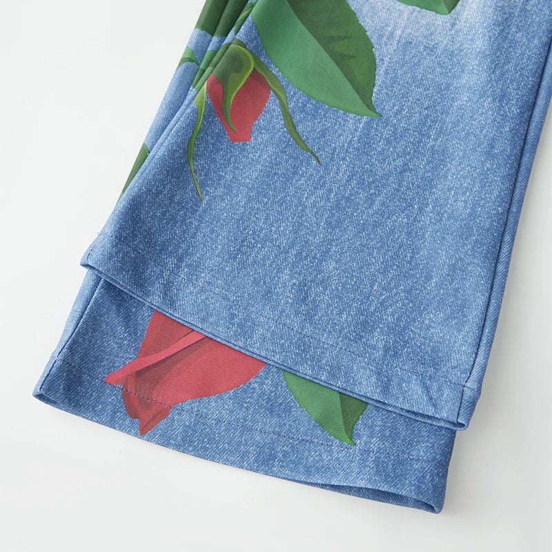 Puloru Stylish Floral Print Blue Flared Pants with Pockets Women's Mid-Rise Casual Slim Fit Bell-Bottoms Long Trousers Plus Size