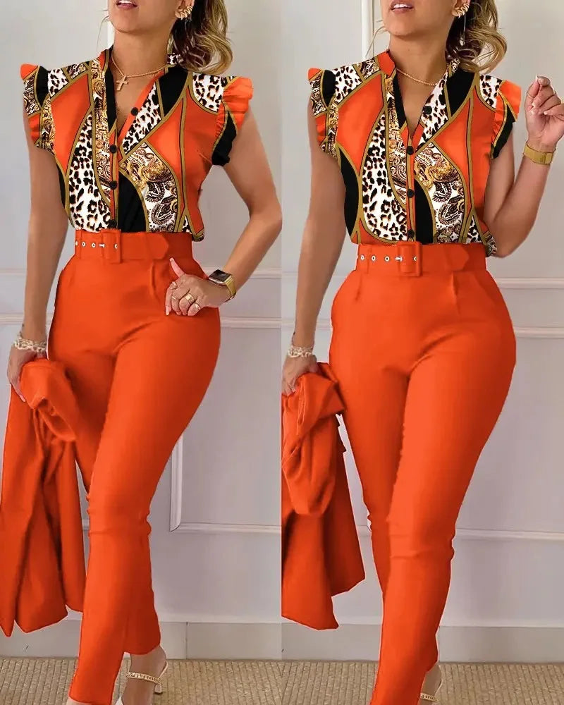 Women Shirt Trousers Set Elegant Women's Office Wear Set with V Neck Top High Waist Pants Belt Chic Color Matching Slim for Work