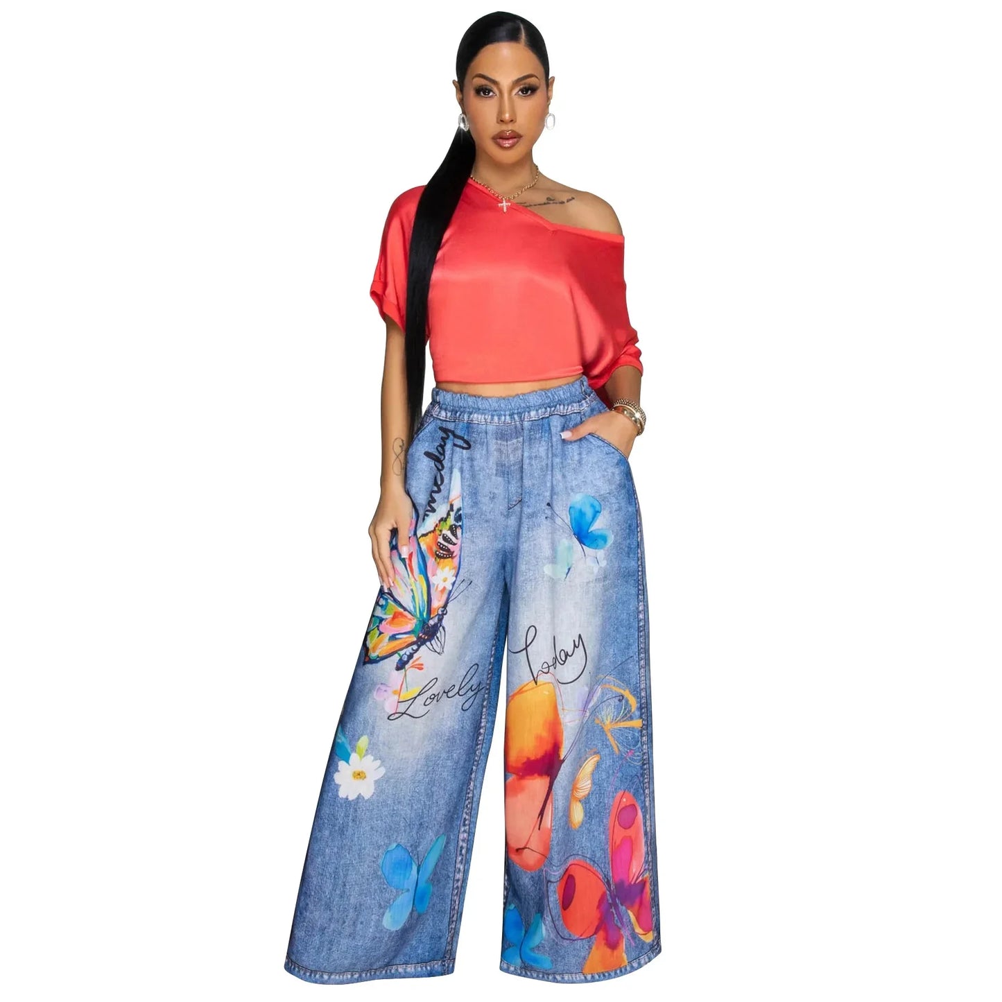 Casual Printed Wide Leg Pants Women's Loose Fit Trousers Comfortable Fashionable Female Clothing Long Pants from Mainland China