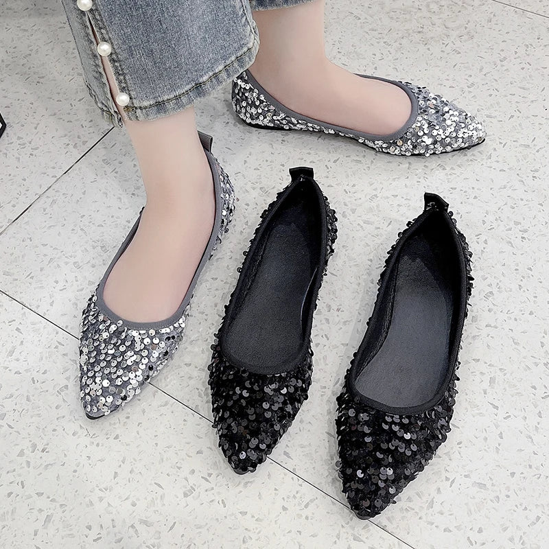 New pointed head shallow mouth one pedal sequined women's single shoes casual Korean version ladyshoes commuter style