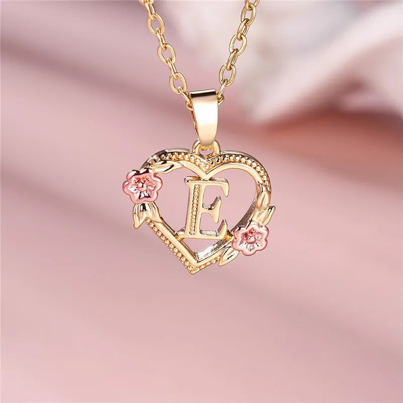 Female A-Z Letter Flower Pendant Necklace Yellow Gold Color Wedding Jewelry Gift For Women