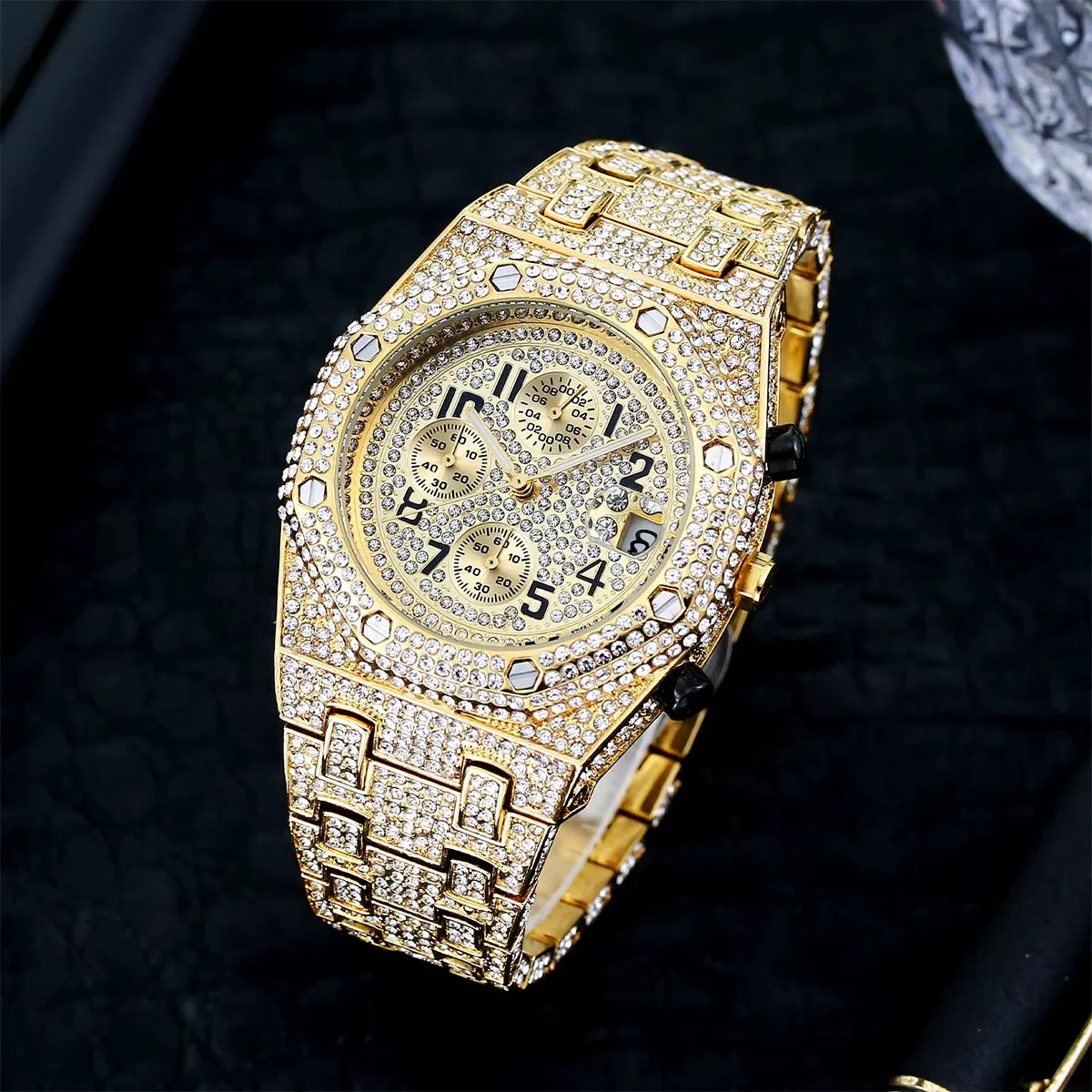 Bubble Letter Bust Down Date Chronograph Man Iced Out Watch Relogio Masculio