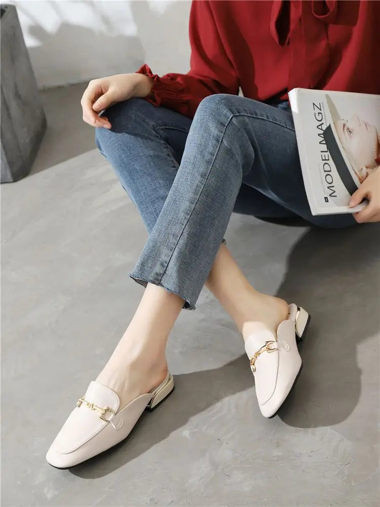 Black Job Low Heel Outside Leather Mules Nude Color Women's Slippers and Ladies Sandals Slides Shoes Small Size on Offer Trend F