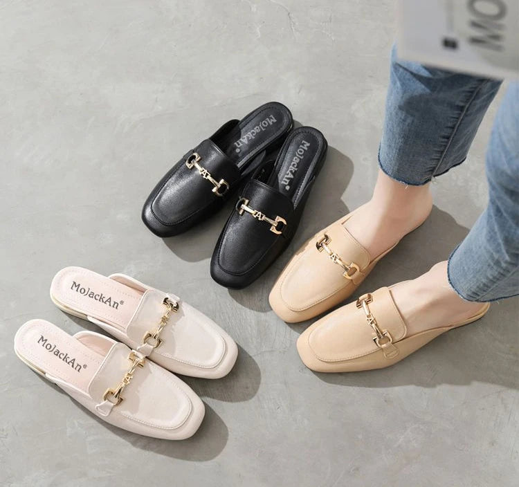 Black Job Low Heel Outside Leather Mules Nude Color Women's Slippers and Ladies Sandals Slides Shoes Small Size on Offer Trend F